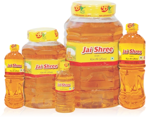 Jai Shree mustard oil bottles and jar